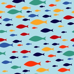 Colorful fish flock seamless pattern. School of fish swiming in one direction. Vector illustration.