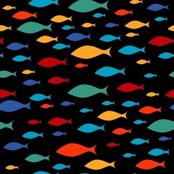 Colorful fish flock on black background seamless pattern. School of fish swiming in one direction. Vector illustration.