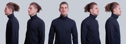 Set collage man in dark gray turtleneck and short dreadlocks on head standing on grey background. Different angle view of a young man face.