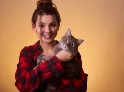Closeup portrait of woman in checkered shirt posing on yellow background, with cat in hands. Photoshoot with a pet. Lady holds a cat near her face and funny laughing