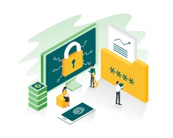 Data protection, privacy, data security and internet security concept in isometric