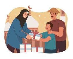 Muslim woman giving food to poor people. Ramadan kareem flat cartoon character illustration