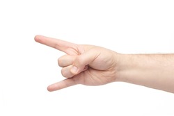 Rock on hand gesture isolated on white background. Brutal man's palm showing heavy metal gesture. Finger gestures.