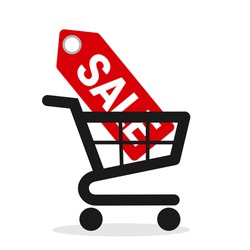 For sale - shopping cart and trolley with red tag. Discount and bargain price in the shop and store. Vector illustration isolated on white.