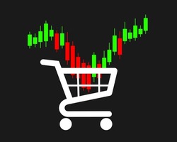 Buy the dip - investing and trading on stock market. Fluctuation of price and value. Shopping cart and candlestick chart. Vector illustration isolated on black. 