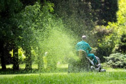 Worker with a gasoline tractor lawn mower mows the fresh green lawn.