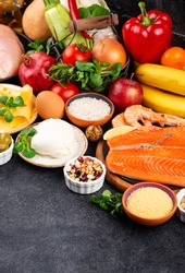 Mediterranean diet. Healthy balanced food. Paleo or flexitarian organic eating with fruit, vegetables, seafood and meat