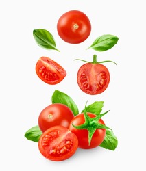 Cherry tomatoes with basil leaves  isolated on white