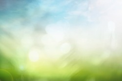World environment day concept: Abstract blurred beautiful green nature with blue sky and white clouds wallpaper background