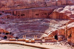 Jordan, ancient amphitheater in the city of Petra, daytime landscape