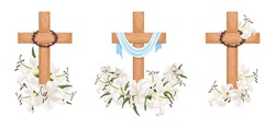 Set crosses with lilies isolated on white background. Religious symbols wooden cross, white lily, fabric and crown of thorns. Vector design Easter illustration, poster and greeting card.