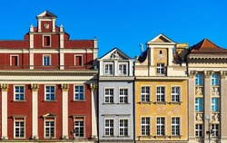 colorful houses in Europe. Old buildings of stone houses decorated in multicolored colors. Color buildings in Poznan, Poland.