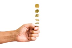 Hand flip a coin isolated on white background. with clipping path