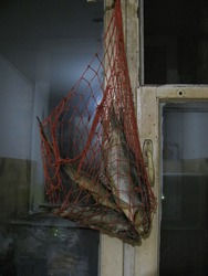 Three dried fish for beer in a red string bag hang on the window.