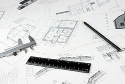 Architect workplace top view. Architectural project, blueprints and Engineering tools. Construction concept. Engineering tools. Copy space.