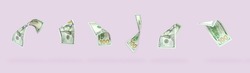 Set of flying one hundred dollars bills on pastel background. Flying of US dollar banknote on pink pastel background. Investment and saving concept.