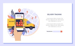 Hand holding mobile smart phone with app delivery tracking. Vector modern flat creative info graphics design on application
