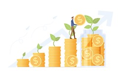 Growing saving Concept. young man putting coins in jar on money stack step growing growth saving money. Vector illustration flat design style.