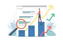 Handsome man stand on SEO top ranking dock. Change SEO ranking position. Search screen with magnifier. Vector illustration flat style. SEO, Search Engine Optimization, Top ranking Concept.