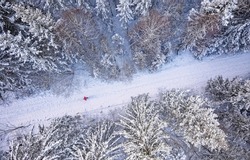 Aerial top view of snow covered forest with winter road and man in red jacket. Drone photography landscape.