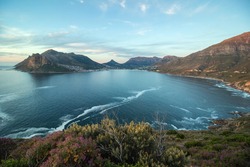 wide angle shot of Hout Bay taken from Chapmans Peak just after sunset