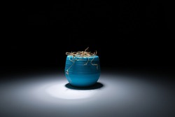 A dried flower in a turquoise pot in the dark sanctifies a white, bright light. A dead flower in a vase on a black background, white light. A wilted houseplant. Dry plant.