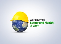 World Day for Safety and Health at Work concept.The planet Earth and the helmet symbol of safety and health at work place. Safety and Health at Work concept.