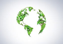 Green World Map- tree or forest shape of world map isolated on white background. World Map Green Planet Earth Day or Environment day Concept. Green earth with electric car. Paris agreement concept.
