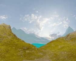 Image 3D rendering of a mountain landscape with a lake