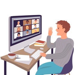 Zoom video conference call via computer. Home office. Stay at home and work from home concept during Coronavirus pandemic.
Vector. Cartoon illustration.