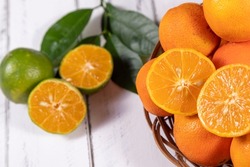 Rangpur, Citrus × limonia or Citrus reticulata × medica, sometimes called the rangpur lime, mandarin lime or lemandarin, is a hybrid between the mandarin orange and the citron. Selective focus