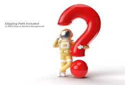 3d Render Astronaut with Question Mark think, Disappointment, Tired Caucasian Gesture's Pen Tool Created Clipping Path Included in JPEG Easy to Composite.