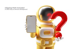 3d Render Astronaut Holding Question Mark with Blank Mobile Mockup Pen Tool Created Clipping Path Included in JPEG Easy to Composite.