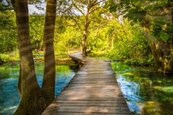 Wooden boardwalk in the green forest of Krka National Park, Croatia. Beautiful walking trail or footpath over the river near Krka waterfalls. Scene with trees and water on a sunny day with sunrays.