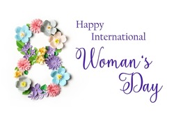International woman's day card with floral design on white background. Paper art and handcrafting. Flower pattern. Eights of March