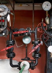 Industrial boiler sistem in boiler room in a derelict factory, HDR