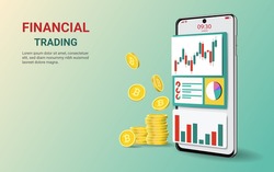 Stock and forex trading on smartphone screen with trading chart for stock exchange market.Bitcoin cryptocurrency.Growing financial index.
online trading.Finance and investment apps.Vector illustration
