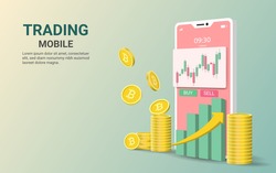 Cryptocurrency trading online on mobile phone screen. Bitcoin cryptocurrency. Growing financial index. Global stock exchanges index.
online trading. Forex trading concept. Vector illustration
