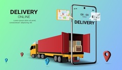 Online delivery service on mobile by truck, Delivery home and office, Online order. Logistics. Truck, warehouse and parcel box. Delivery concept. 3D Perspective Vector illustration