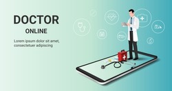 Online doctor consultation with male therapist on mobile phone. Online healthcare service, Medical consultation and treatment, Ask doctor. Digital health concept. 3D vector illustration