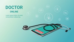 Online diagnosis  and medical consultation on mobile app. Online doctor, Online medical clinic, tele medicine, Online healthcare service, Digital health concept. 3D vector illustration
