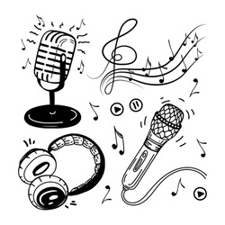 A set of musical elements, hand-drawn doodles in sketch style. Headphones, microphones, audio, treble clef with notes. Vector simple illustration isolated on white background.