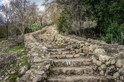 Hike in the Jerusalem Mountains, ancient stairs leading to an ancient and large pool. Winter, sataf reserve. For short, challenging walking enthusiasts.