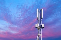 Telecommunication towers with Blue sky and white clouds background and texture.