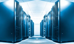symmetrical data center room with rows of equipment