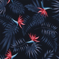Exotic tropical flowers bird of paradise (strelitzia) red color blue palm leaves dark night jungle background seamless vector pattern beach illustration
