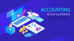  isometric accountant workspace elements money coins and financial stock graphs vector illustration