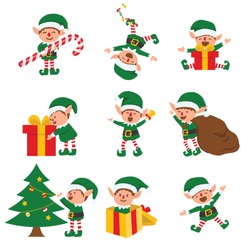 Collection of Christmas elves isolated on white background. funny and joyful santa helper sending holiday gift and decoration christmas tree . vector illustration.