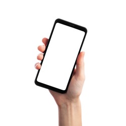 Woman holding smartphone with empty screen isolated on white background. Female hands with phone, space for text
