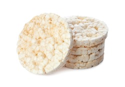 Stack of puffed rice cakes isolated on white background. Healthy crunchy snack. Wholegrain crisp bread 